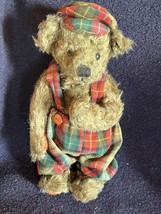 Ganz Cottage Collectibles Brown Curly Haired Teddy Bear w Red &amp; Green Pl... - £7.58 GBP