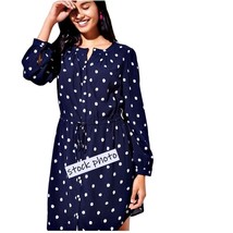 LOFT Drawstring Blouson Mini Dress Size M Navy Blue White Polka Dots Lon... - £13.90 GBP