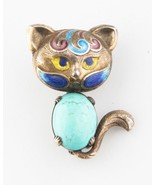 Vintage Silver Cat Enamel &amp; Turquoise Brooch Nice Toning Great Condition! - £176.68 GBP