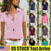  US Womens Button V Neck Loose T-Shirt Tee Ladies Short Sleeve Casual Bl... - $19.49