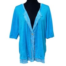 Foxcroft Blue Linen Cotton Mixed Media Button Cardigan Sweater Top Size XL - £23.76 GBP