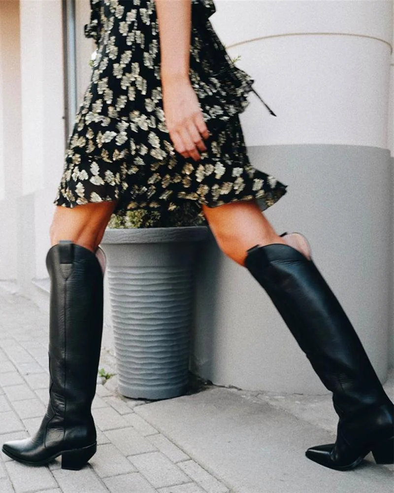 Women  Heels Knee High Boots Fashion Black Western girl Boots 2024 Winter Slip O - £105.58 GBP