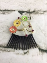 Hair Comb Floral Enamel Flowers Green Yellow Orange Gold Toned - £3.95 GBP
