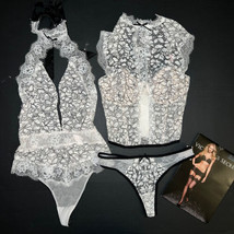 Victoria&#39;s Secret Unlined 34C Corset Set+S Thong+Teddy Ivory Black White Lace - £140.67 GBP