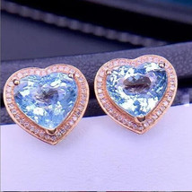 4Ct Heart Cut Simulated Aquamarine Halo Stud Earrings 14K Rose Gold Plated - £32.87 GBP