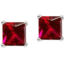 2Ct Simulated Ruby Stud Earrings Princess Cut Solitaire 14K White Gold Silver - £31.84 GBP