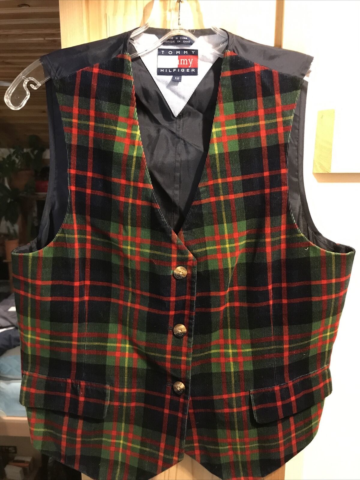 Tommy Hilfiger Vintage Men’s 12 S Green Red Plaid Button Up Acetate Cott... - $29.20