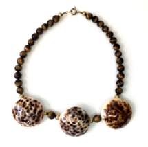 Glass Tigers Eye Beads and Tiger Cowrie Shell Statement Necklace Beachy Summer - £24.77 GBP