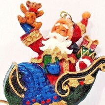 Santa Claus in Sleigh W/Teddy Bear Ornament Glossy Resin 5&quot; x 4 1/4&quot; - £6.45 GBP