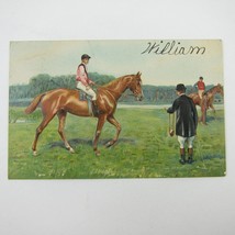 Postcard Horse Race Jockeys Ride Brown Horses Embossed Antique - £7.47 GBP