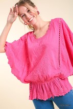 Women&#39;s Medium Umgee Eyelet Top Cinching Waist Batwing Sleeves Scallop H... - $35.98