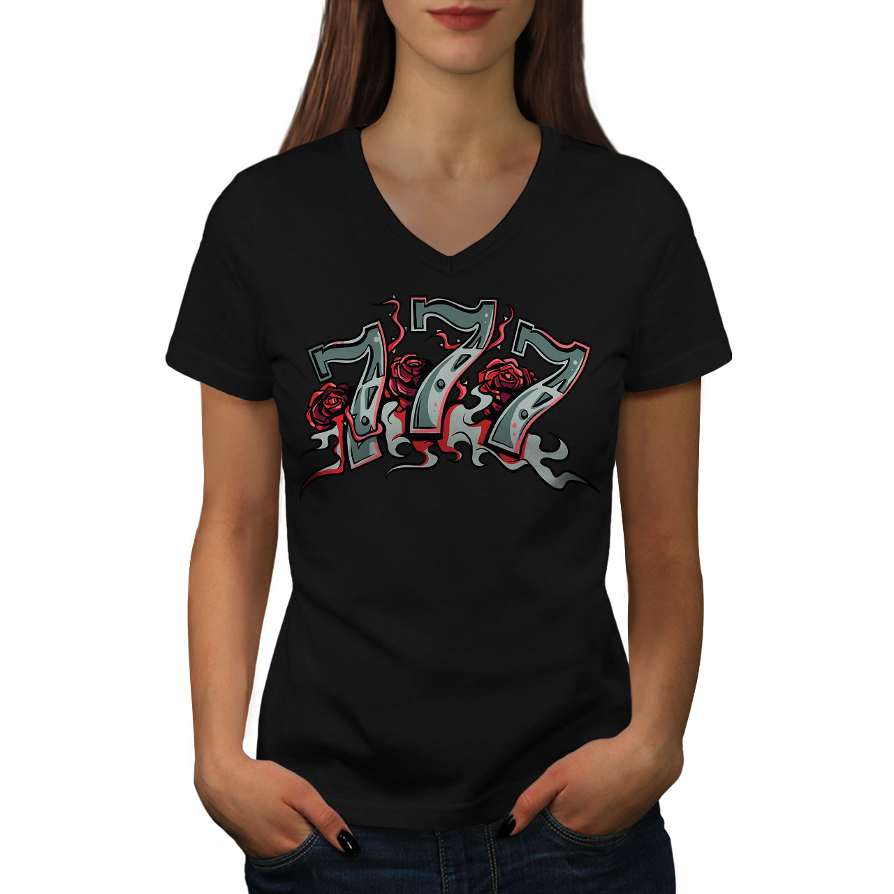 Game Gamble Poker Casino Shirt Slot Vegas Women V-Neck T-shirt - $12.99