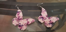 Faux Leather Dangle Earrings (New) Purple Butterflies On Butterfly - £4.41 GBP