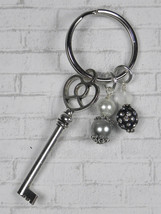 Skeleton Key Heart Glass Clay Beaded Handmade Keychain Split Key Ring Bl... - $14.84