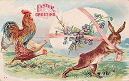 Easter Greeting...Rooster &amp; Hens Chase Rabbit Stealing Large Egg Postcard 1907 - £5.23 GBP