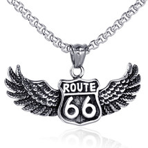 Motorcycle Route 66 w. Wings Pendant Necklace Men&#39;s Punk Biker Jewelry Chain 24&quot; - £9.37 GBP