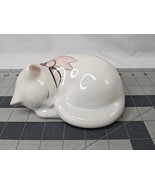 N S Gustin White Sleeping Cat Figure Ceramic Pink Bow 6 Inch - £19.16 GBP