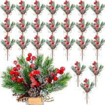 24 Pcs. Of Christmas Floral Pine Cones For Crafts White Red Berry Stems - £28.07 GBP