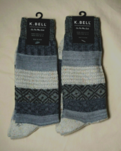 Two Pairs New K. Bell Men&#39;s Gray/Oatmeal Cotton Acrylic Rayon Crew Socks... - £6.19 GBP