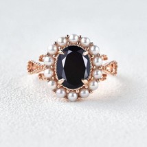 Pearl&amp; Black Onyx Brilliant Oval Cut Ring, black onyx Pearl Engagement Ring - £47.88 GBP