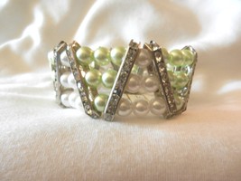 NEW Triple Row Green White  Beads Stretch Rhinestones  Faux Pearl  Bracelet  - £3.98 GBP
