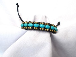TURQUOISE GEMS &amp; BRASS BEADS CORD WRAPPED LEATHER ADJ SLIDE BRACELET 6 -... - $6.99
