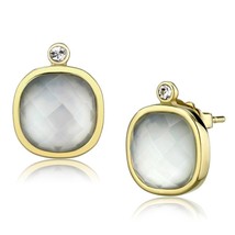 8mm Cushion Cut Bezel Set White Conch Stone Stud Gold Plated Push Back Earring - £62.66 GBP