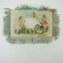 Victorian Greeting Card Easter Blue Silk Fringe Double Sided Cherubs Egg Antique - £15.68 GBP