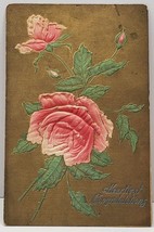 Heartiest Congratulations Embossed Pink Roses on Shimmering  Bronze Postcard G15 - £3.51 GBP