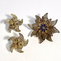 Vintage Topazio Portugal Filigree 925 Sterling Silver Gold Plated Pin Ea... - £86.49 GBP