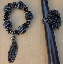 Vintage 1980s Crafted Iridescent Rainbow Czech Glass Seed Bead Black Coral Silve - £30.24 GBP