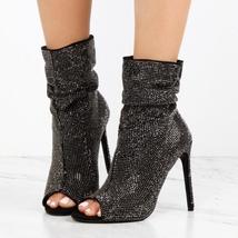 Spring Bling Gold Rhinestone Women Peep Toe Ankle Boots Black Crystal Ladies Hig - £148.45 GBP