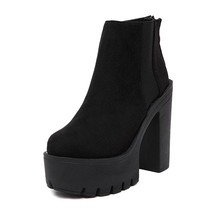 Gydh Fashion Black Ankle Boots For Women Thick Heels Spring Autumn Flock Platfor - £89.37 GBP
