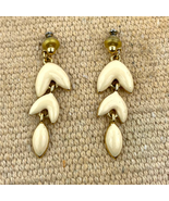 VTG Signed Napier Gold Tone Earrings Enamel Dangle Beige Jewelry 2&quot; - £17.68 GBP