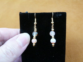 EE396-2 round 6mm white orange Agate gemstone 2 bead gold tone dangle earrings - £8.35 GBP