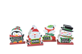 6 Christmas Table Decorations Sitters Santa Snowman Penguin Fox Red Glitter Sign - £13.59 GBP