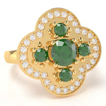 Shamrock Clover Flower Leaf Lab-Created Emerald Diamond Ring In 14k Yellow Gold - £560.48 GBP