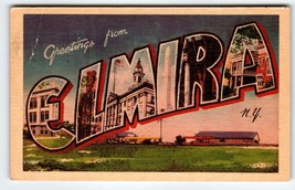 Greetings From Elmira New York Large Big Letter Linen Postcard NY Dexter... - $10.26
