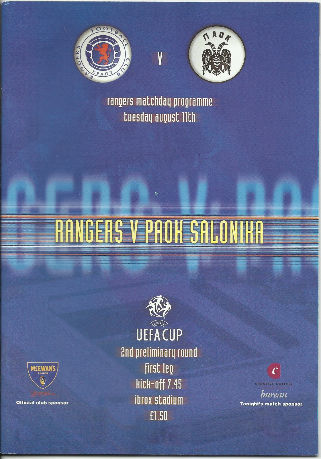 Primary image for RANGERS – PAOK THESSALONIKI 1998-1999 UEFA CUP - MATCH PROGRAM FOOTBALL SOCCER 