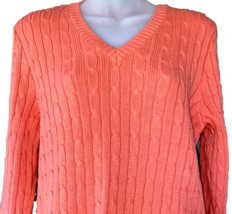 Cable Knit Sweater Womens V Neck LARGE Cotton Pastel Orange Jeanne Pierre VTG - £20.90 GBP