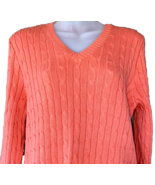 Cable Knit Sweater Womens V Neck LARGE Cotton Pastel Orange Jeanne Pierr... - £20.54 GBP