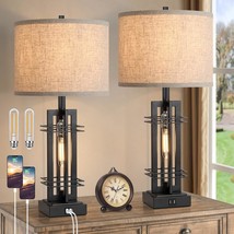 Set Of 2 Farmhouse Table Lamps With Usb Ports, 27.5&quot; Tall 2-Lights Reading Lamp, - £103.26 GBP