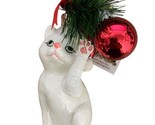 Noble Gems White Cat in Santa Hat Hand blown Glass Ornament 5 in NWT - $21.58