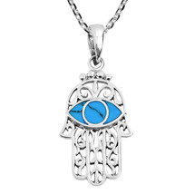Mystical Hamsa w/ Synthetic Blue Turquoise Eye Inlays Sterling Silver Necklace - £14.73 GBP