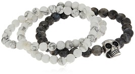 Three Simulated White Marble &amp; Black Lava Beaded Stainless Steel Skull Bracelets - £17.94 GBP