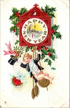 Happy New Year Girl Tuxedo Monocle Top Hat Holly Clock Unposted Antique Postcard - £5.99 GBP