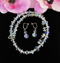 Aurora Borealis Crystal Bead Necklace Vintage Screwback Earring Glass Beaded 15&quot; - £15.52 GBP