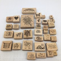 34 Stampin’ Up! Wood Mounted Rubber Stamps Flowers Barn Thanksgiving Fireworks - $24.31