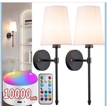 2 Pack Battery Wall Lamps Sconces Rechargeable RGB LED Bulbs W/ Remote Blk - $34.64