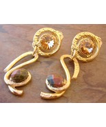Amber Crystal Dangle Earrings Handcrafted Semi Precious Stone Gold Clip-On  - £71.12 GBP